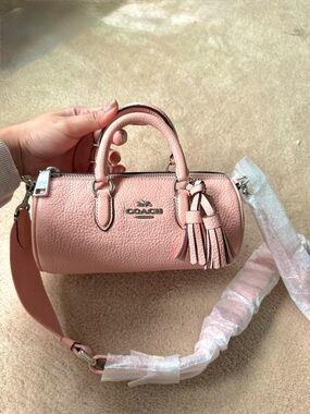Coach Blush Pink Pebbled Leather Mini Barrel Bag with Tassel